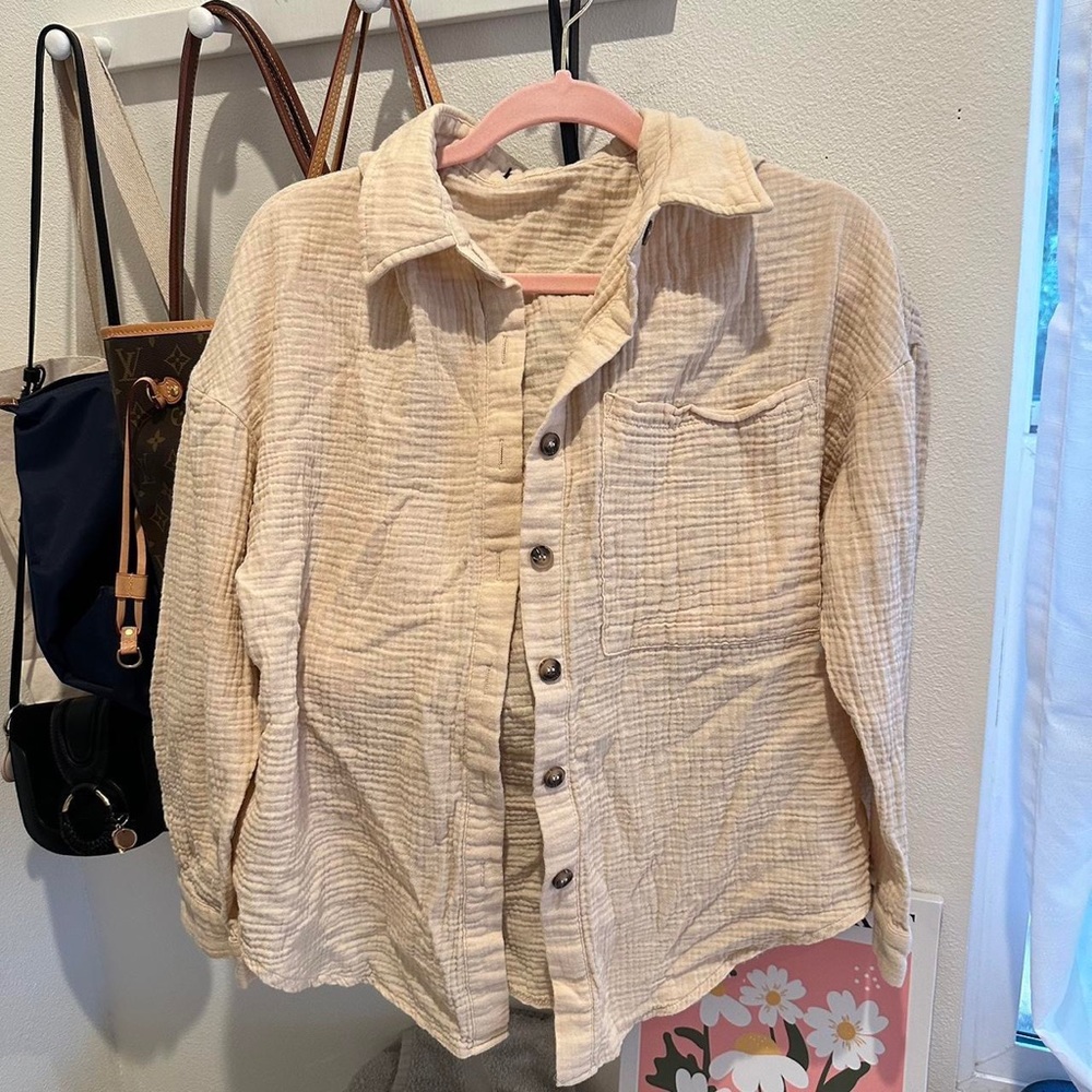 Beige linen button up shirt